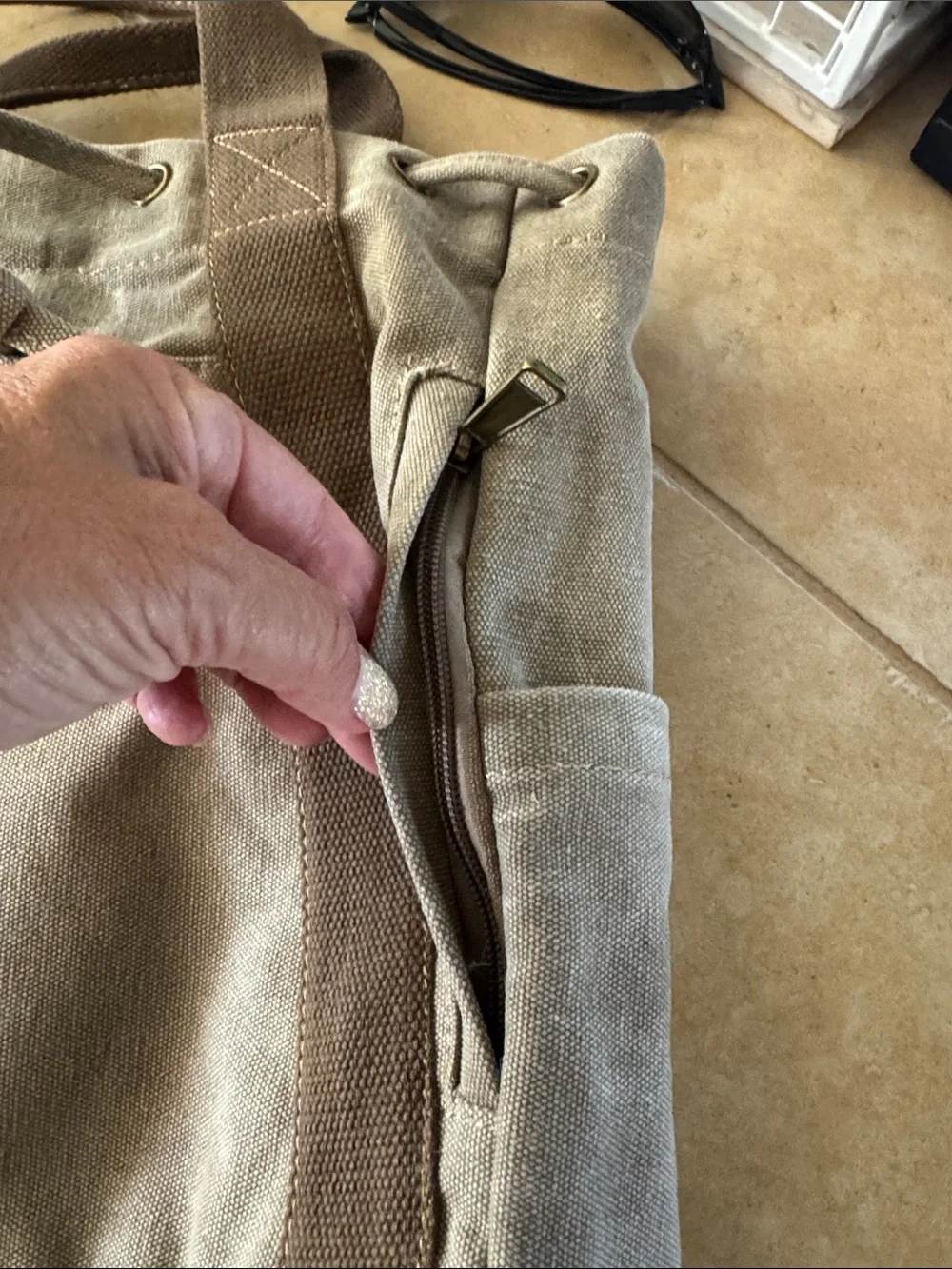 Canvas Drawstring Backpack in Tan with Brown Accents